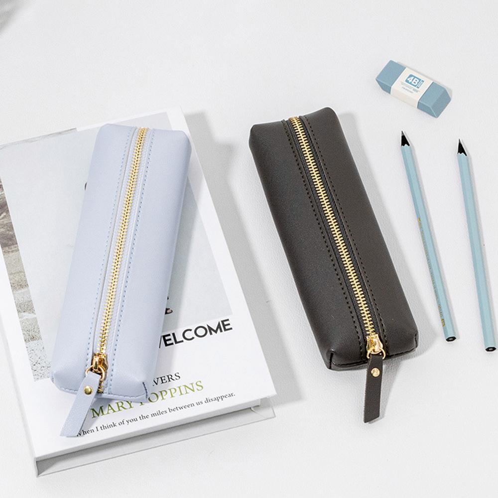 Однотонный кожаный пенал, простая сумка для ручек, канцелярские принадлежности, пенал на молнии, сумка для хранения, школьные принадлежности для школьников