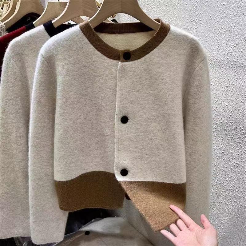 Design Spring and Autumn Sense Niche Contrasting Colors Warm Sweater Cardigan Autumn and Winter Clothing New Crew Neck Lazy Knitted Jacket Top