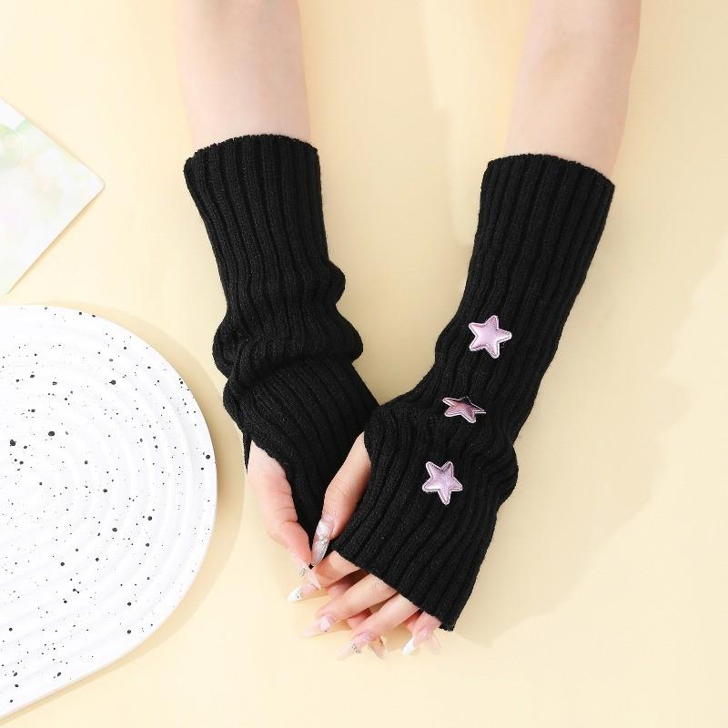 Women's Sweet Lolita Fingerless Gloves White Long Hand Gloves Warm Knitted Arm Sleeves Gothic Girls Cute Shiny Stars Arm Warmers
