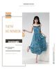Women's Blue Floral French Style Slimming Summer Dress with Waist-Cinching Design