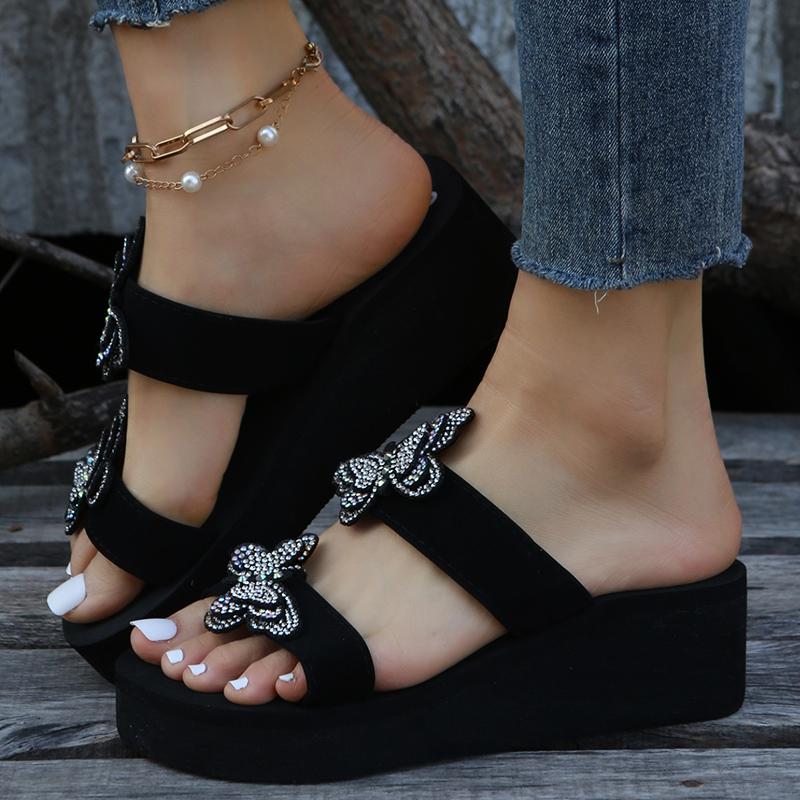 Lucyever Crystal Butterfly Клинья каблук Тапочки женские 2024 Большие размеры Толстая подошва сандалии женские Нескользящие шлепанцы на платформе Mujer