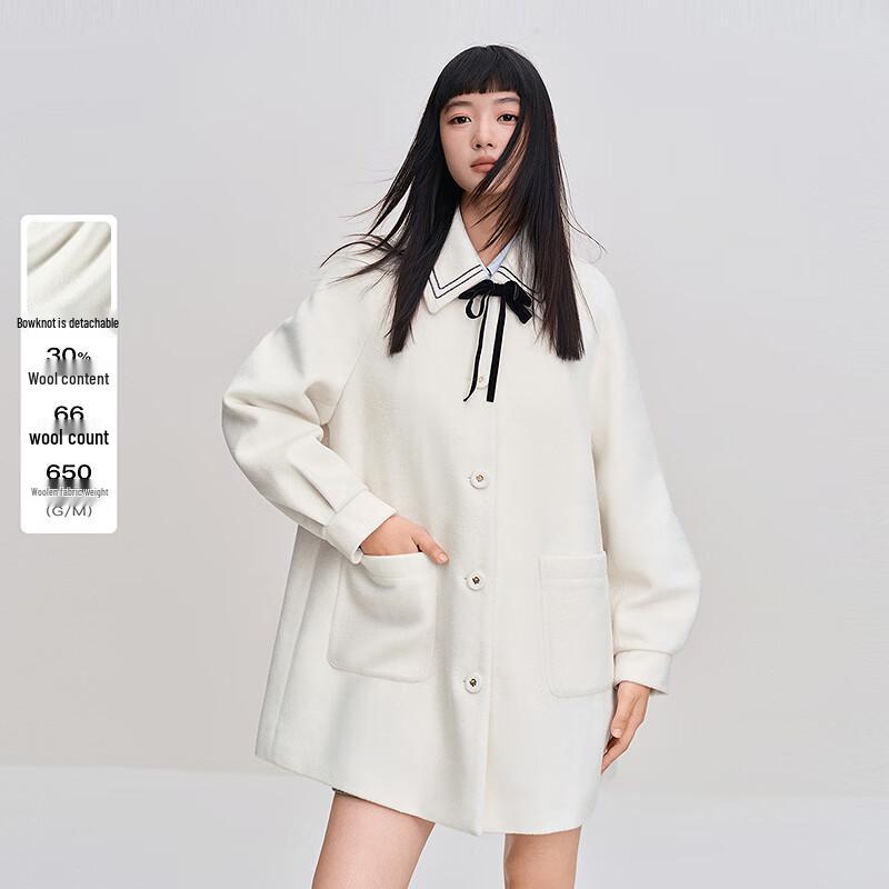 LEDIN Women's Bow Dropped Shoulder Woolen Coat