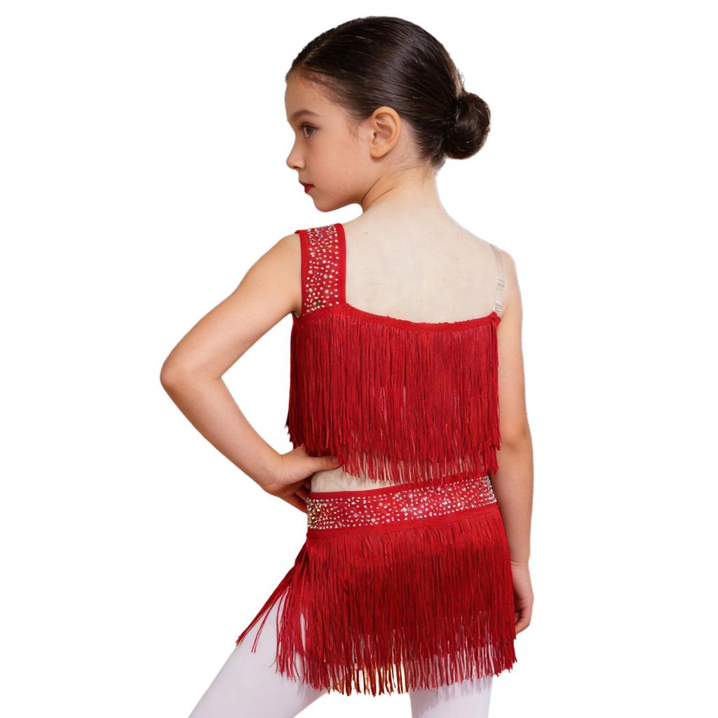 Girls Tassel Latin Dance Dress Asymmetrical Fringe Shiny Rhinestones Cutout Stage Performance Costume