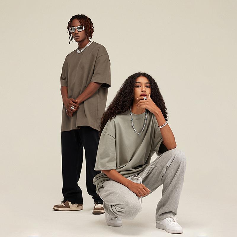 2024 футболка из чистого хлопка, тяжелый вес 425 г, однотонная с открытыми плечами, с короткими рукавами, свободная модная брендовая пара с короткими рукавами