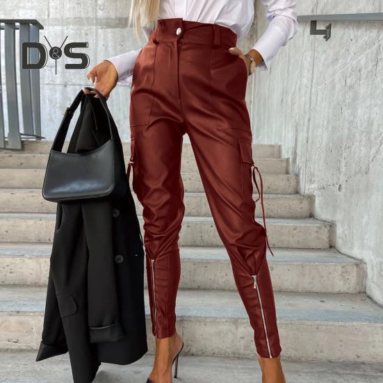 Женские брюки из гладкой искусственной кожи с декором на молнии, облегающие брюки с высокой талией, застежкой-молнией и пуговицами, с несколькими карманами, однотонные брюки-карандаш, длинные брюки