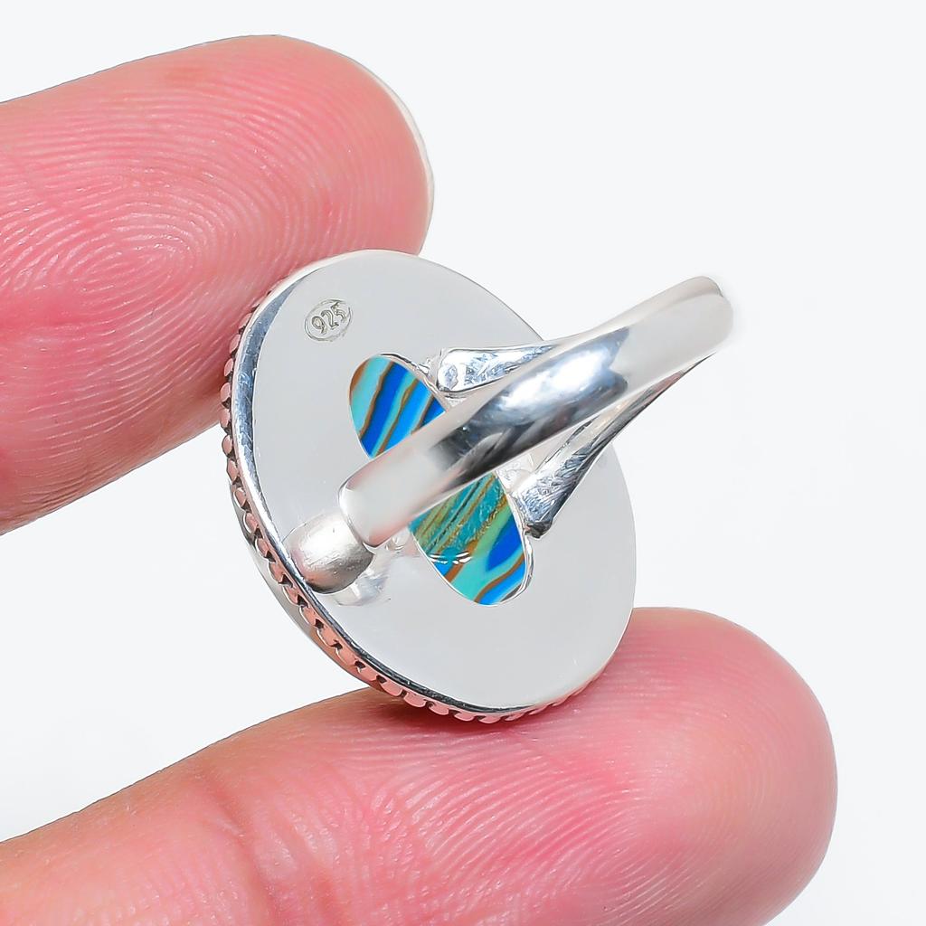 Blue Rainbow Calsilica 925 Sterling Silver Ring V4359, Blue Ring, Oval Ring, Valentin's Day Gift, Gift For Her, Birthday Gift, Handmade Jewelry, Silve