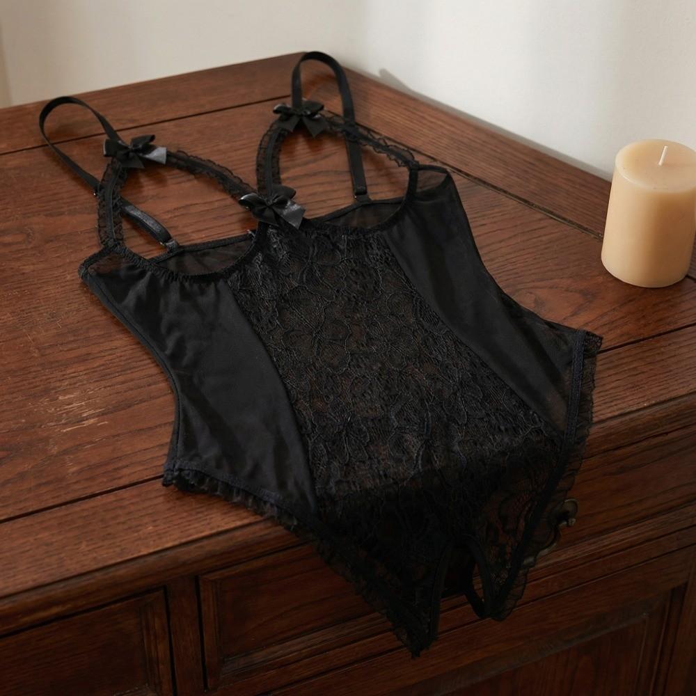 Open Crotch Lace Bow Bodysuit Deep V Lace Sling Nightwear Fashion Sleeveless Jumpsuits Home