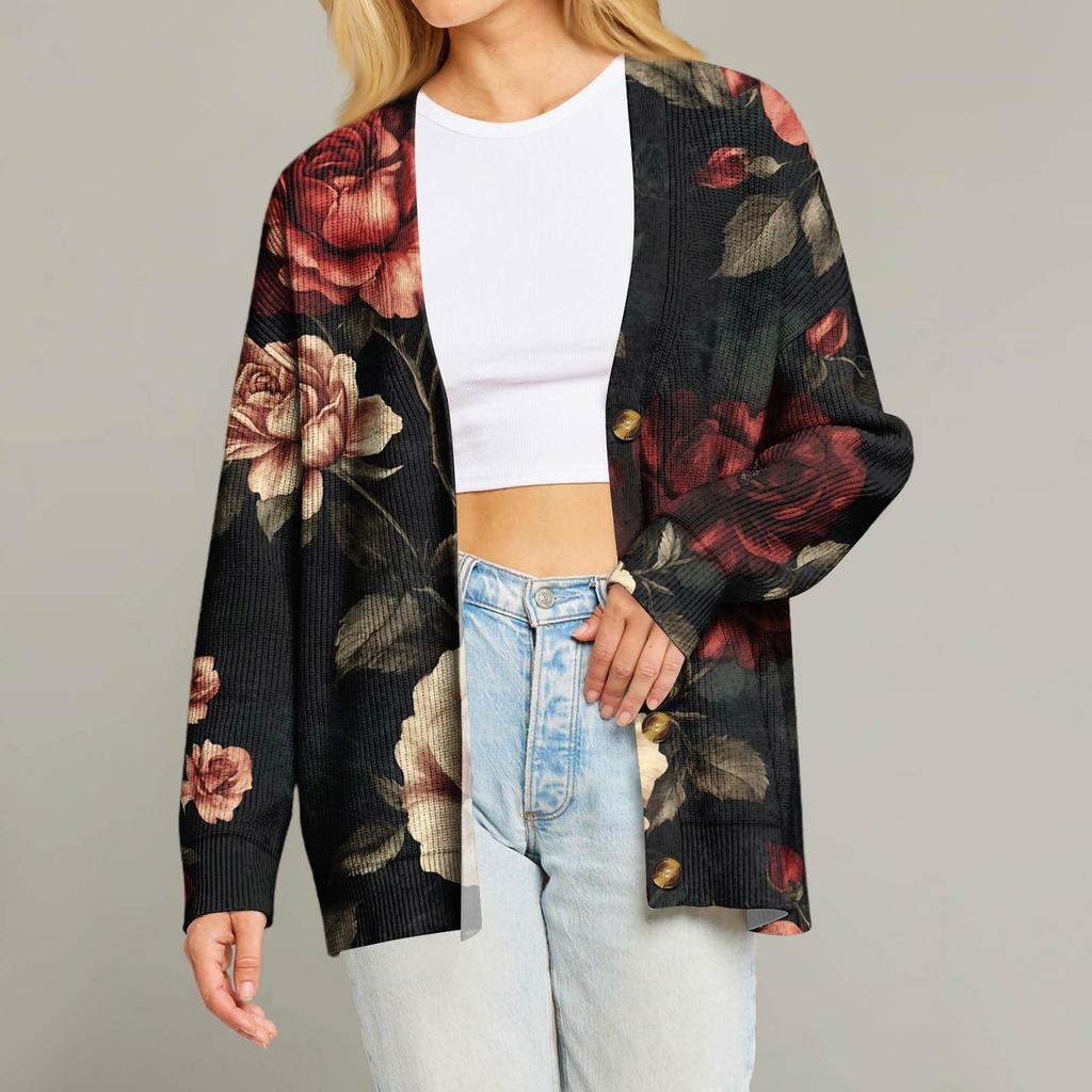 Женский модный кардиган с длинным рукавом, принтом, V-образным вырезом, на пуговицах, свободного кроя