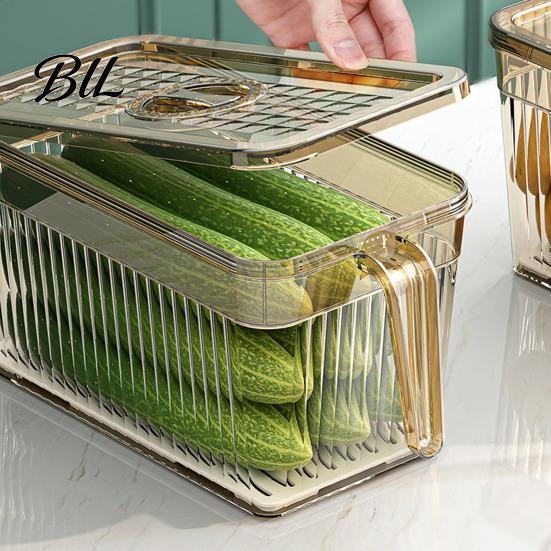 Kitchen Fridge Organizer Box Refrigerator Storage with Lid And Handle Built-in Drain Partition Transparent Container for Fruits Vegetables Fresh Food