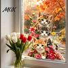 Easy Install Glass Decor Cute Kittens Static Stickers, PVC Waterproof Flower Cat Window Self Adhesive Graphics Removable Clings for Living Room