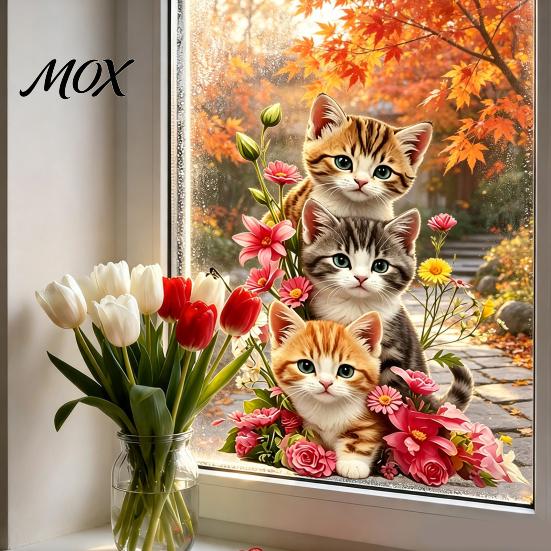 Easy Install Glass Decor Cute Kittens Static Stickers, PVC Waterproof Flower Cat Window Self Adhesive Graphics Removable Clings for Living Room