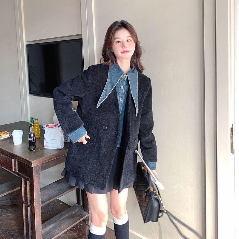 Женская джинсовая куртка-обманка из двух частей, весенняя новинка, черная, повседневная, приталенная, маленький костюм