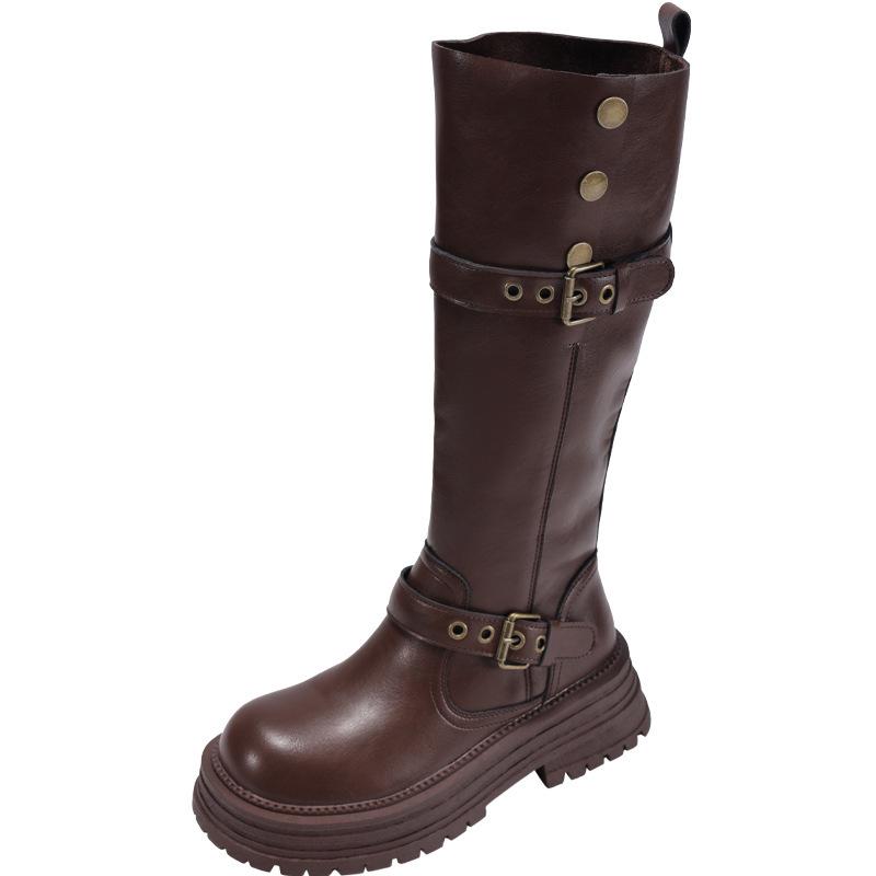 Brown Retro British Style Thick Heel Platform Boots Women's 2025 New Spring and Autumn But Knee Height Knight Boots