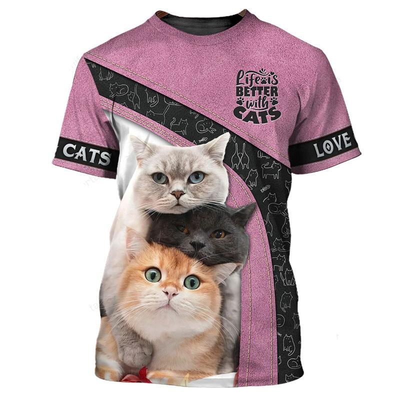 Футболка с милым домашним котом и 3D-принтом, унисекс, повседневная, смешная, повседневная, с коротким рукавом, красочный ретро-узор, модная футболка