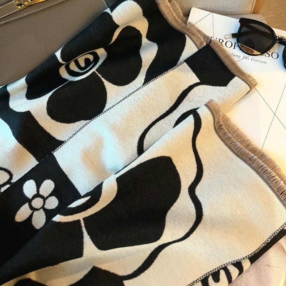 Black White Printed Scarf Camellia Large Wool Shawl Elegant Winter Cashmere Scarves Girl
