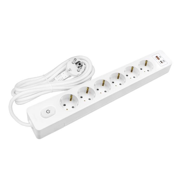 SELDUR G6TH22B Power Strip, 6 Type F Sockets + Switch, USB A+C Fast Charge 20W, White, 2m Cable