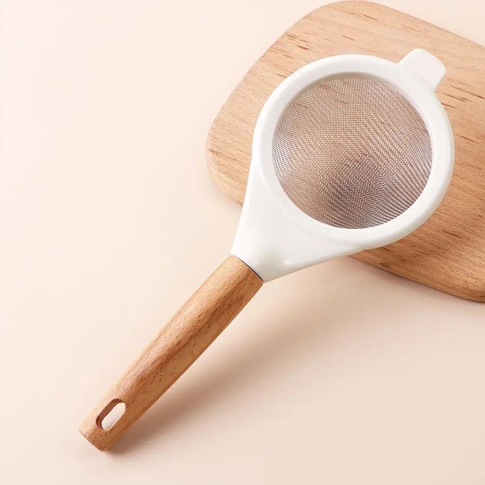 Wooden Handle Sieve Stainless Steel Fine Mesh Flour Sifter Colander Sugar Cocoa Matcha Powder Flour Colander Hand-held