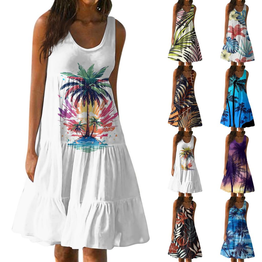 Women's Summer Fashion Sleeveless Printed Loose Splicing Casual Beach Dress