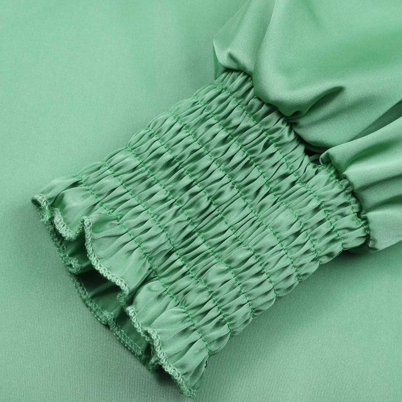 Весна Осень Элегантный Однотонный Круглый Вырез Длинный Рукав Бретель Прямой Труба Шелковый Женский Верх Блузки и Рубашки