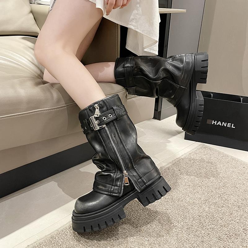 Fashion Shoes for Women 2024 Mid-Calf Women's Boots Platform Modern Boots Women Belt Buckle Square Toe Side Zip Square Heel Shoes Female