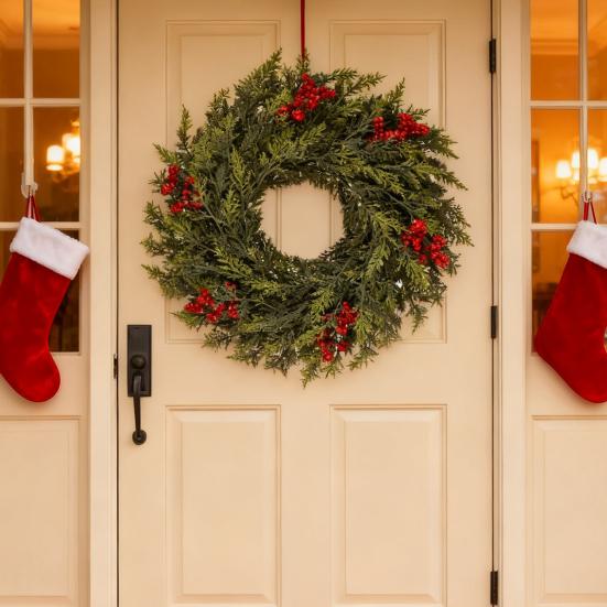 Рождественский венок из норфолкской сосны 24 дюйма для входной двери, искусственная зелень, кедровый венок с красными ягодами для фермерского дома, для внутреннего и наружного использования, для стены, окна