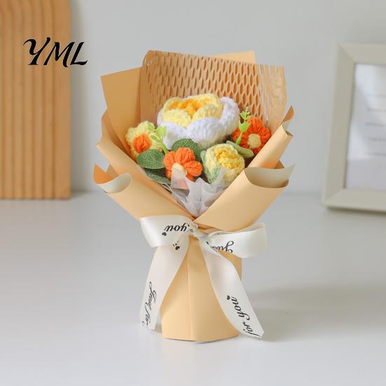 Floral Home Table Decor Hand Crocheted Yarn Flower Bouquet, Knitted Artificial Rose Sunflower, Handmade Decorative Ornament Crochet Flowers