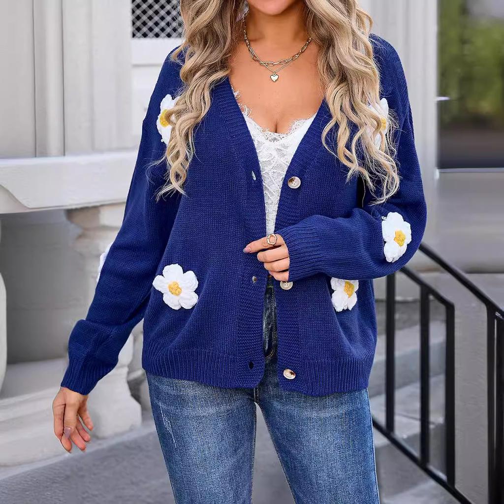 Women's Autumn and Winter Button Cardigan Floral Knitted Sweater