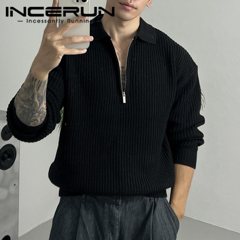 INCERUN Осенне-зимние мужские свободные свитера на молнии с воротником