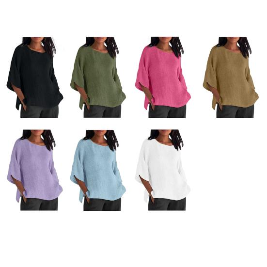 Женская рубашка с рукавом 3/4, повседневная, с круглым вырезом, однотонный пуловер, свободный крой, блузка для отпуска, повседневная одежда