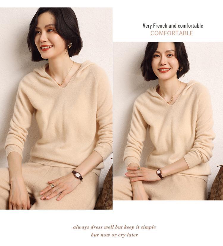 Soft Hooded Cashmere Sweater for Women - 2026 Autumn/Winter Collection: Solid Color, Gentle Style, Loose Fit