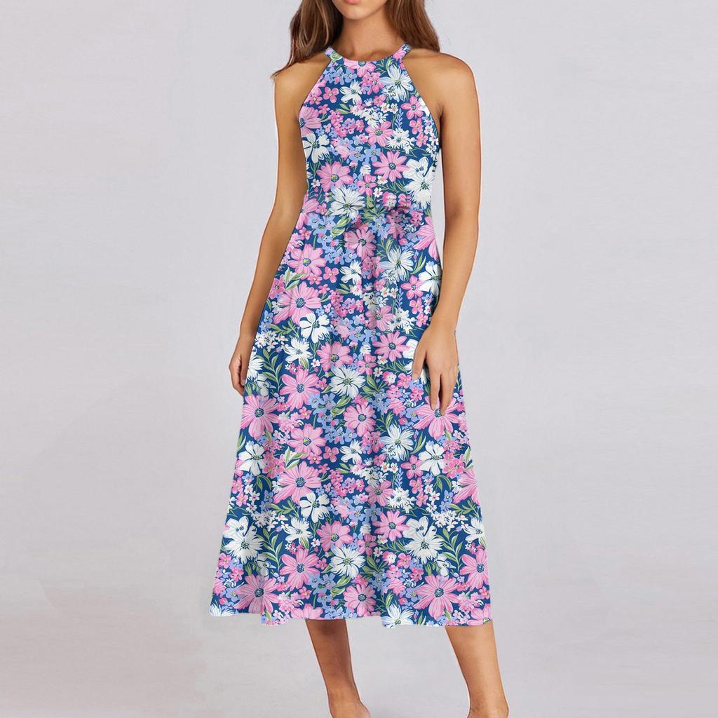 Женское повседневное платье миди с круглым вырезом, классическое, повседневное, без рукавов, свободное платье в стиле бохо с завязками, летний пляжный сарафан