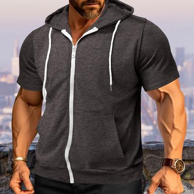 Мужская футболка с капюшоном на молнии, летняя футболка с коротким рукавом, однотонная футболка с полной молнией и карманами для повседневных занятий спортом, уличного спорта, спортзала