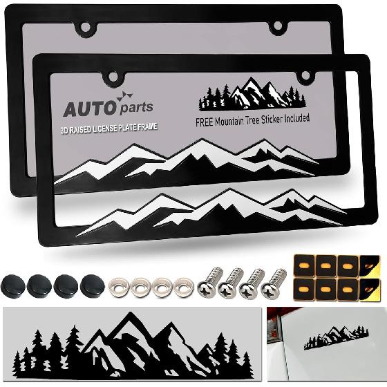 Mountain License Plate Frames- Plastic Black Car Tag Holder Bracket With Screws Caps, 2 Packs 2 Hole, White On Black, Mountain Vinyl Sticker Included