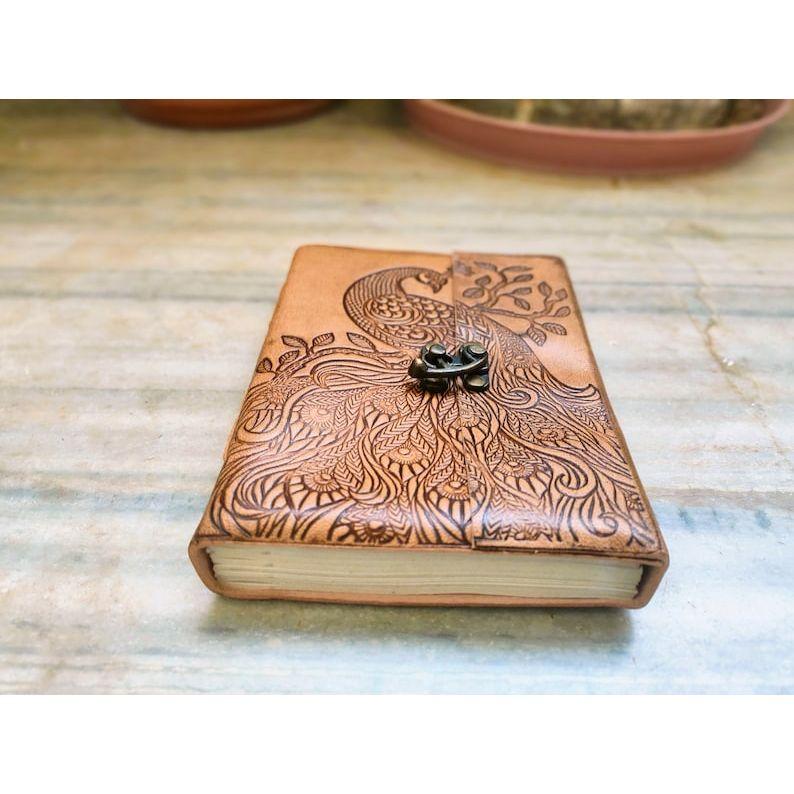 Peacock Embossed Handmade Leather Diary With Lock, Locked Journal, Writing Fancy Notebook, Medium Size Leather Notepad, Writers Paradise