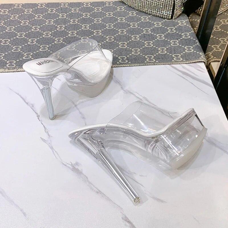 Женские туфли на шпильке с неглубоким горлышком и прозрачными кристаллами, модные пикантные туфли на каблуке 14 см и платформе 4 см WZ