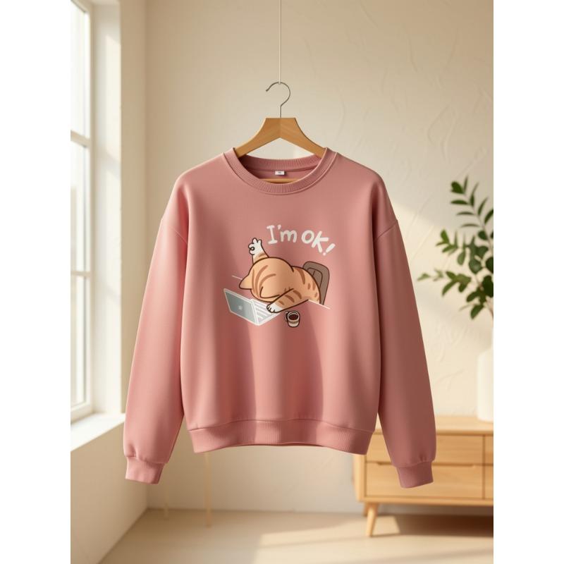Women's Fashion Round Neck Letter Kitten Pattern Print Women's Casual Sweatshirt