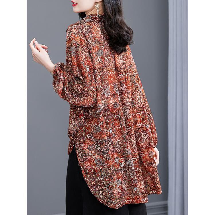 Женский топ, новая весенне-осенняя свободная женская шифоновая рубашка, блузка с отложным воротником и принтом, S-4XL