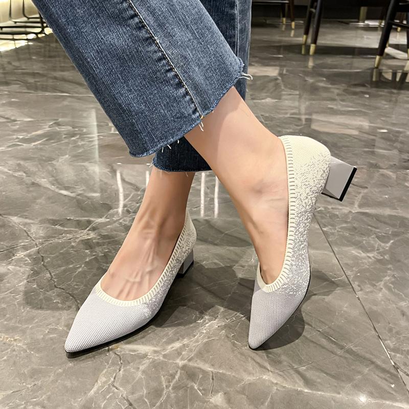 Вязаные туфли-лодочки на квадратном каблуке, женские туфли разных цветов без шнуровки на высоком каблуке, женские сексуальные офисные туфли с острым носком на мягкой подошве