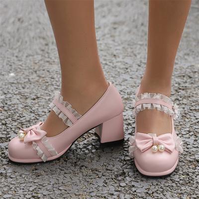 Женские туфли-лодочки Мэри Джейн в стиле Лолиты, с круглым носком, на толстом среднем каблуке с пряжкой, Kawaii, с бантом и оборками, женская обувь для косплея, весна-осень 43