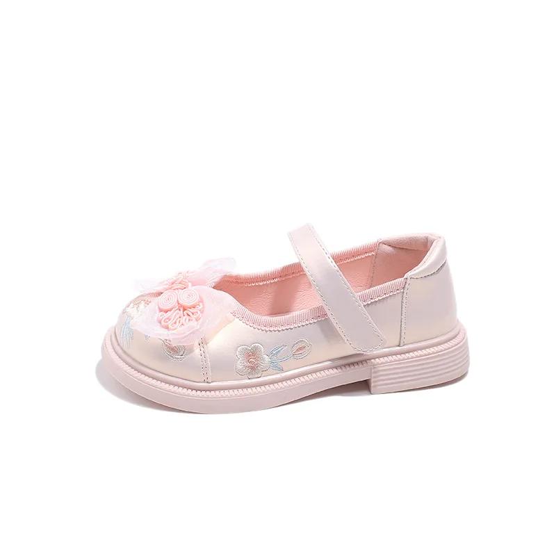 Fashion 3-12y Girls Leather Shoes Children Embroidery Shoe Spring Autumn Princess Flat Heel Party Dance Casual Chinese Style Sandal