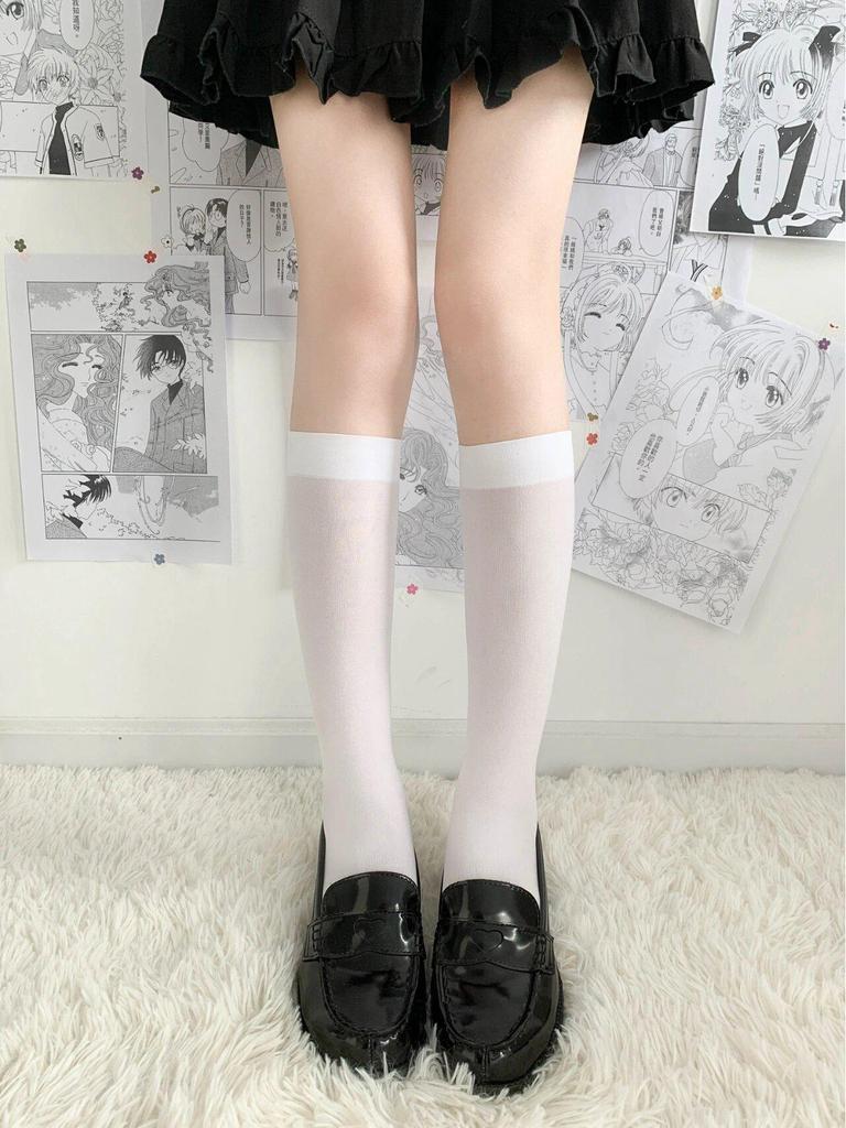 Women's 70cm Over-the-Knee Thin Velvet Compression Socks, Spring/Summer Long Black & White Stockings.