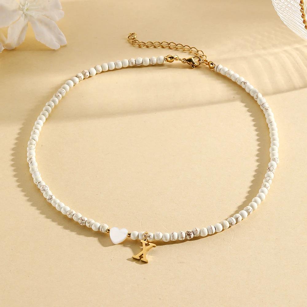 Bohemian Choker Neck Initial Necklaces Heart-shaped Shell Letter Pendant Beads Women's Stainless Steel Necklace Woman Trend2025