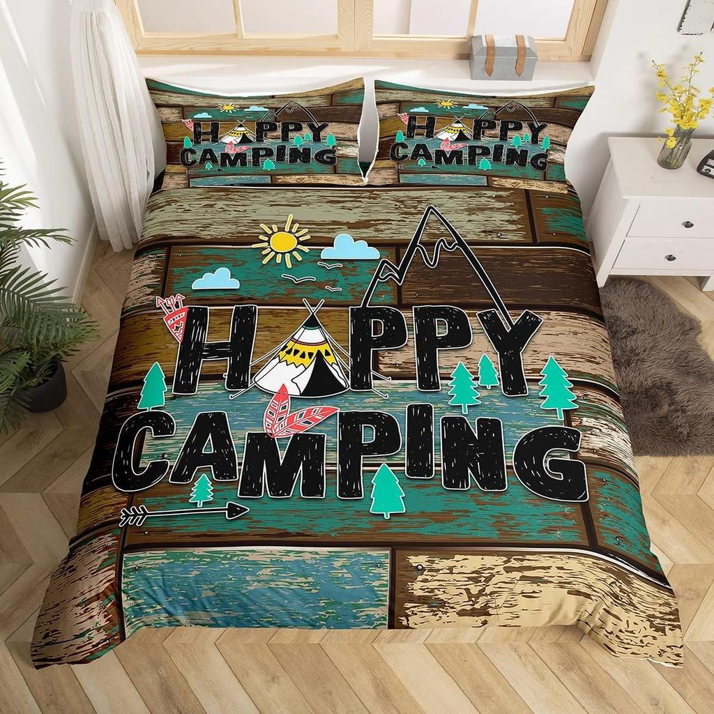 Comforter Happy Camping Queen Full Twin King Camper Theme Comforter With 2 Rustic Farmhouse Style Bedding Set