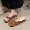 2025 New Comfortable Low Heel Square Head Sandals Sweet Bow Silk Thick Heel Slippers for Ladies Outwear Slides Heels Black