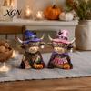 Halloween Table Decorations 2 Pcs Highland Cow Figurines, Boo Pumpkin Ghost Statue with Decorative Figurines Witch Hat, Wooden Scottish Ornament