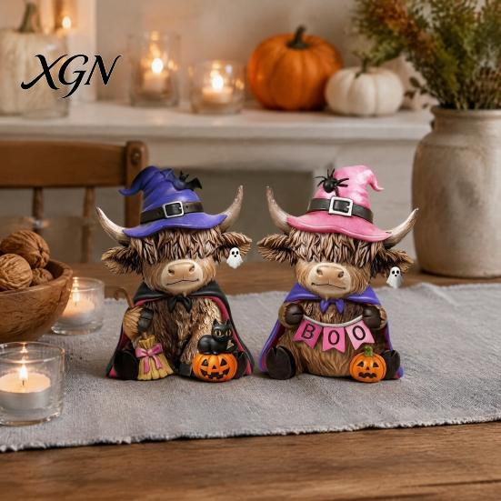 Halloween Table Decorations 2 Pcs Highland Cow Figurines, Boo Pumpkin Ghost Statue with Decorative Figurines Witch Hat, Wooden Scottish Ornament