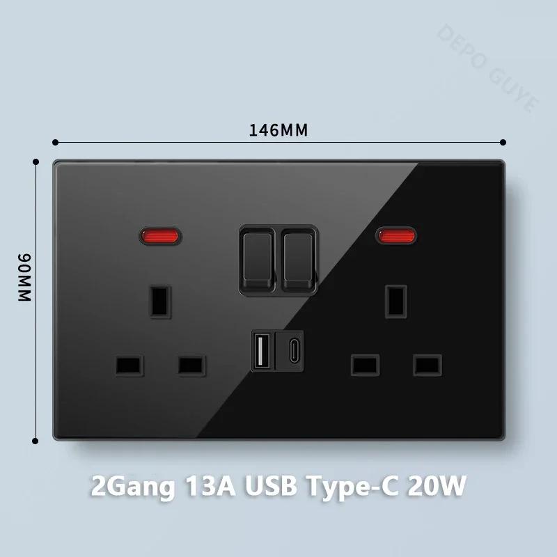 Стандарт Великобритании 20 Вт Type-C розетка для быстрой зарядки универсальный настенный выключатель света на 2 направления, черное закаленное стекло двойная 3-контактная USB розетка