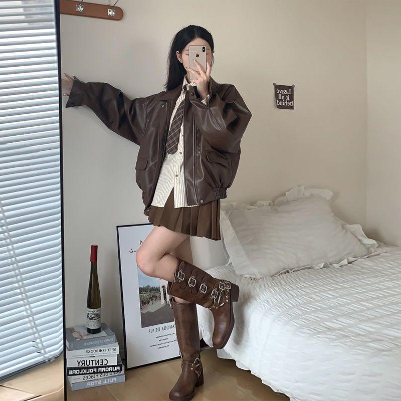 Винтажная кожаная женская укороченная куртка свободного кроя в корейском стиле, стильная куртка для мотоциклистов, миниатюрная, осень, новое поступление