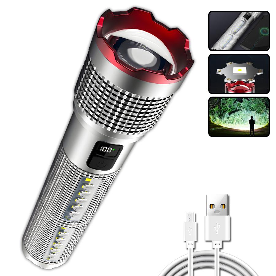 Rechargeable LED Flashlight Powerful Torch with Side Light Power Bank Zoom Emergency Lamp Outdoor Strong Light Camping Lantern