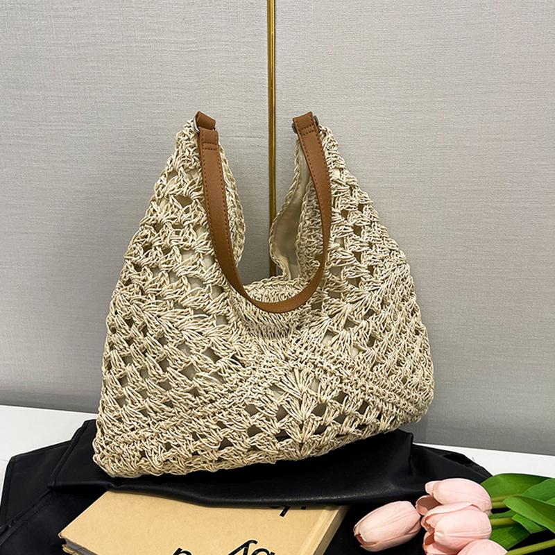 Yogodlns Летняя соломенная вязаная сумка, ажурная сумка-тоут, однотонная пляжная сумка через плечо, праздничная дорожная сумка, сумка через плечо в стиле бохо для женщин